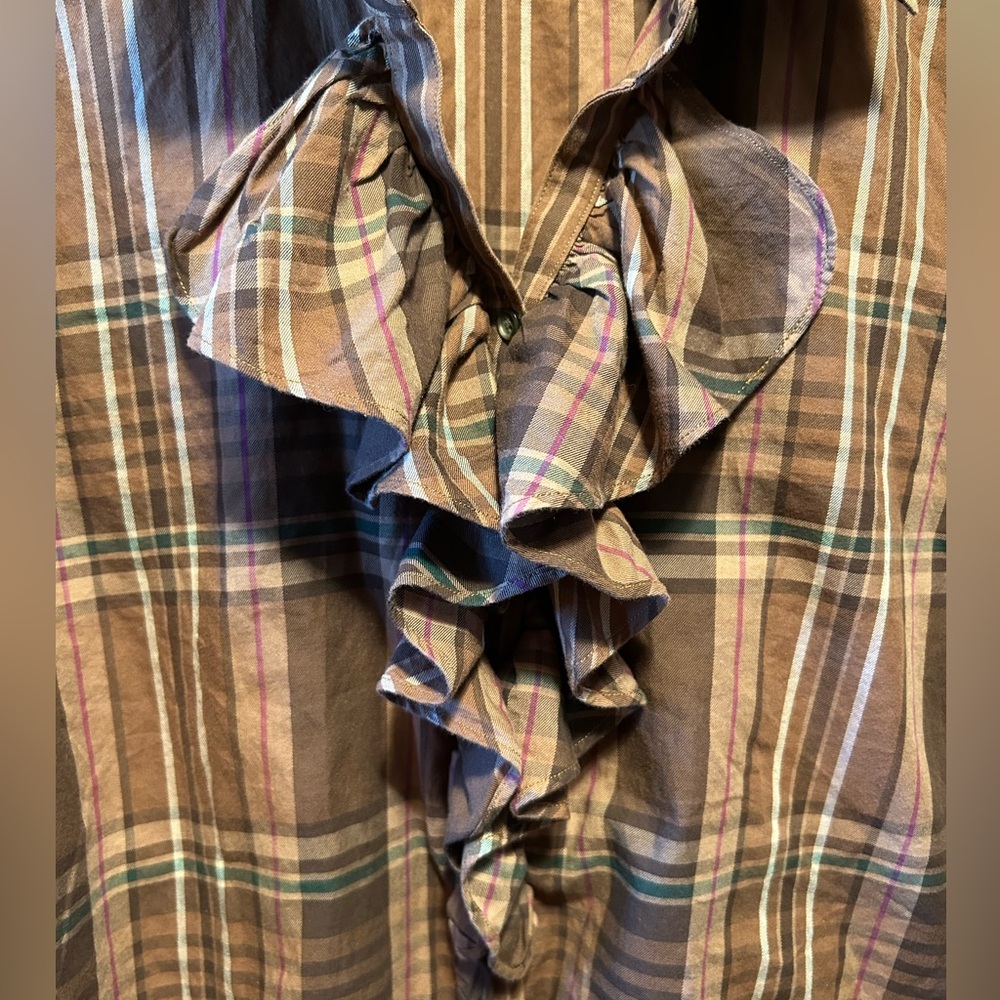 Lauren Ralph Lauren Brown, Tan, Green, Red and White Plaid Ruffled Shirt - Picture 9 of 16